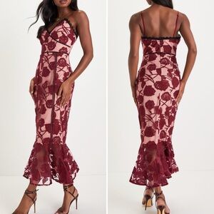 Lulu’s Alluring Dream Burgundy Floral Mesh Lace Trumpet Midi Dress Cocktail S